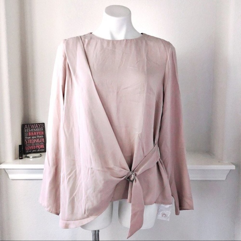 Paraphrase Blush Pink Top Overlay Tie Front Long Sleeve Blouse Size UK 14 NWT